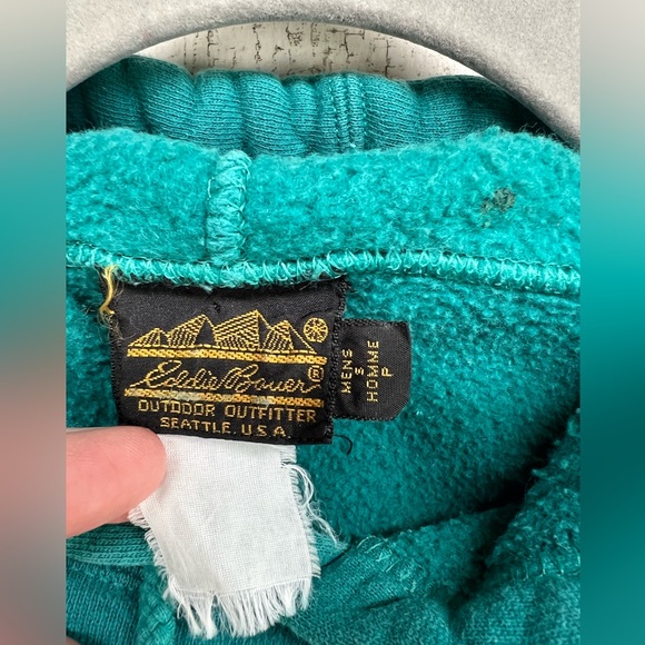 VTG Teal Hoodie Mens Small Eddie Bauer 90s Fleece Pullover Sweatshirt *Flaws* - Picture 4 of 8